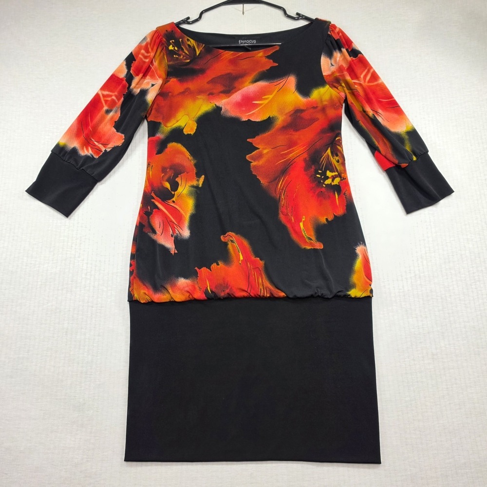 Enfocus Studio Womens Dress 6 Floral Blouson Black Red Orange 3/4 Sleeve Y2K